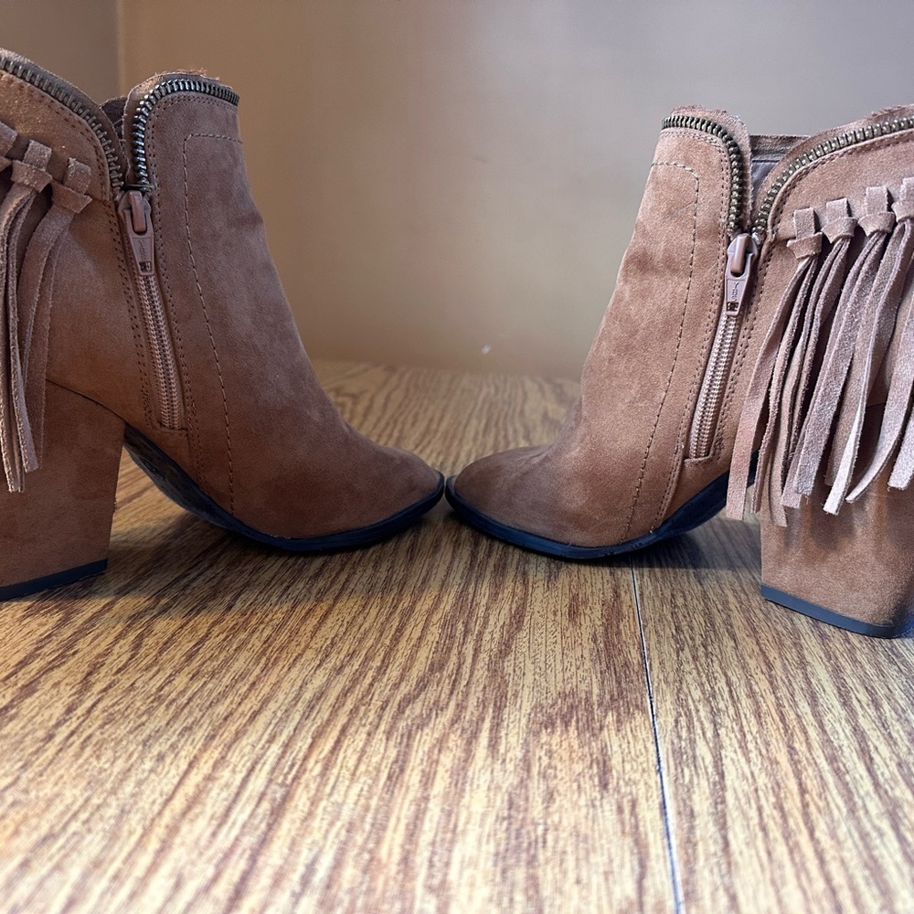 DV by Dolce Vita Tan Suede Fringe Heeled Boots - Picture 7 of 16
